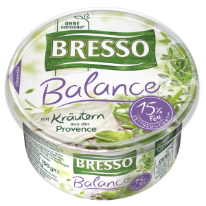 Bresso Produkt packshot Frischkäse Becher Balance Kräuter der Provence