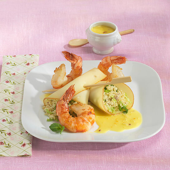 Gebratene Scampi an gefüllten Käse-Cannelloni - leckere Rezeptidee