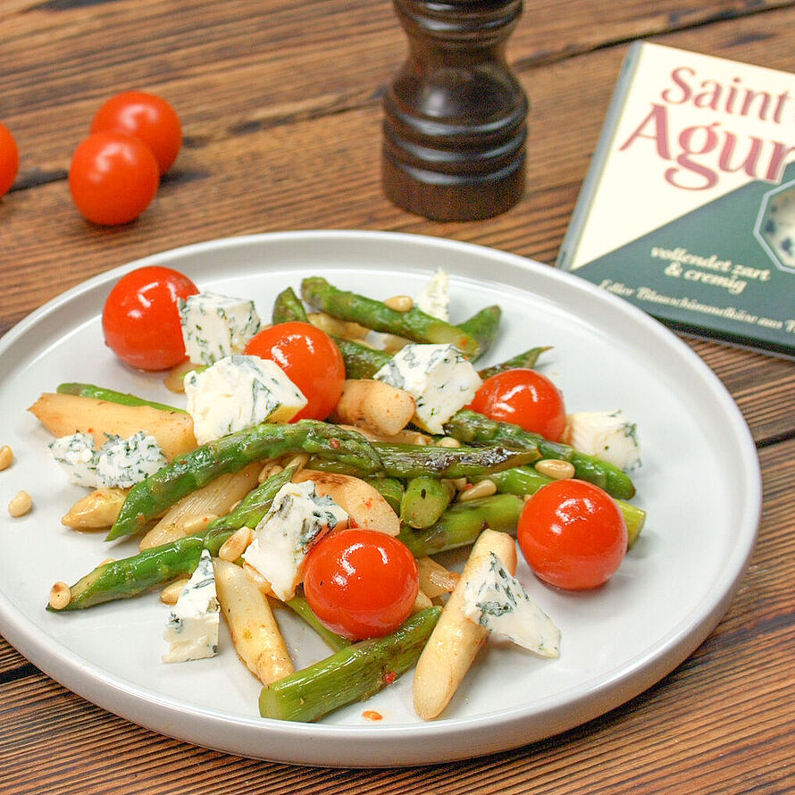 Foodpairing-Rezept Videoanleitung für lauwarmen Spargelsalat mit Saint Agur