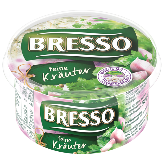 Bresso Produkt packshot Frischkäse Becher feine Kräuter Bresso Produkt packshot Frischkäse Becher feine Kräuter