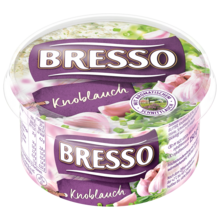 Bresso Produkt packshot Frischkäse Becher feiner Knoblauch