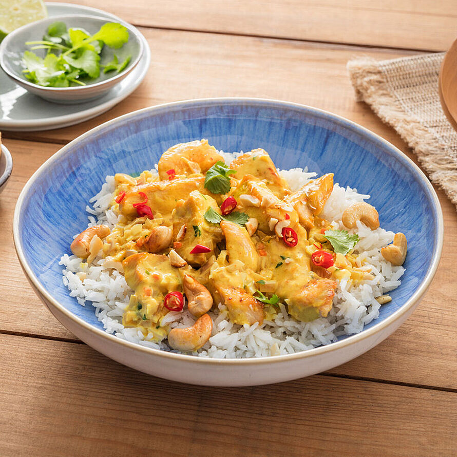 Leckeres Indian-Curry mit Reis, Hühnchen, Cashewnüssen, das in einer weiß-blauen Schüssel kunstvoll angerichtet ist.