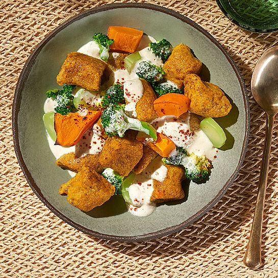 Genieße die Vielseitigkeit des Kürbis mit unseren veganen Hokkaido-Kürbis-Gnocchi, serviert mit cremiger BRESSO Broccoli Sauce.