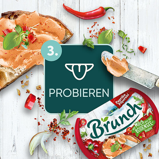 Icon mit einem geöffneten Mund, Brunch Parika-Peperoni und dekorativen Zutaten 