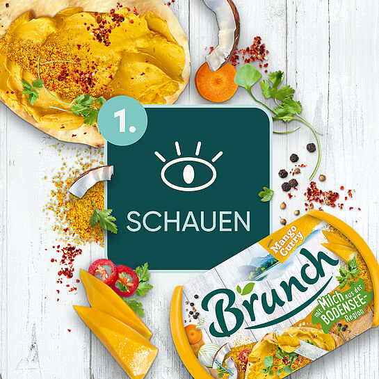 Icon mit einem geöffneten Auge, Brunch Mango Curry und dekorativen Zutaten 