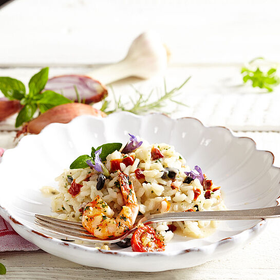 Risotto mit Garnelen und Ziegenfrischkaese