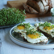 2 Stullen bestrichen mit Bresso Kräuter der Provence und belegt mit Brateiern und Kresse. 