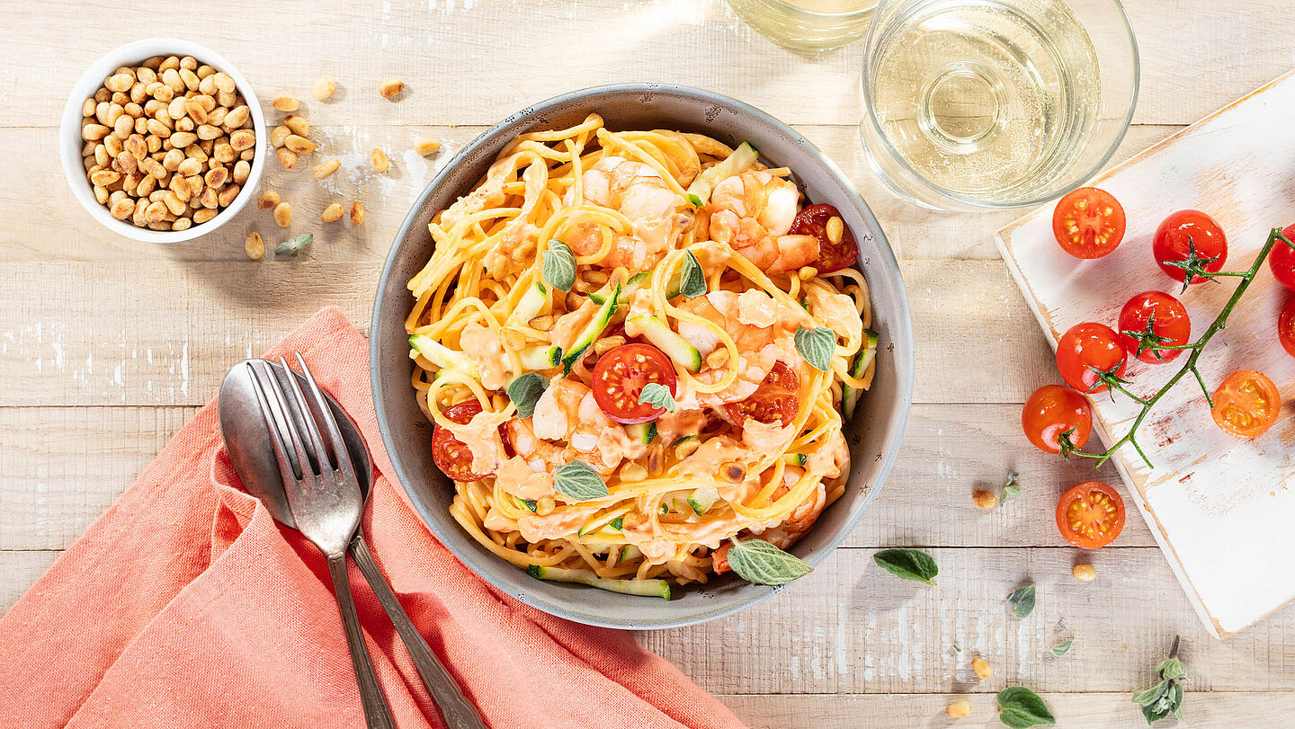 Rezept für Spaghetti mit Garnelen und Zucchini