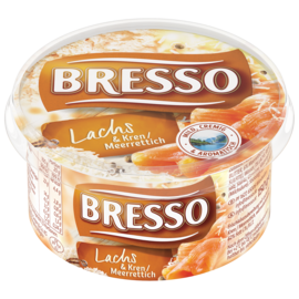 Bresso Produkt packshot Frischkäse Becher Lachs Kren Meerrettich