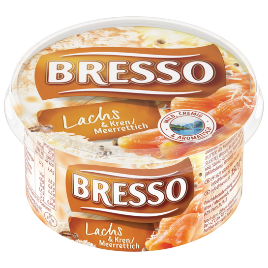 Bresso Produkt packshot Frischkäse Becher Lachs Kren Meerrettich