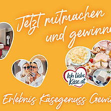 Teaser für das Erlebnis Käsegenuss Gewinnspiel inkl. Bildern vom Hotel Norica und einer Savencia Käseplatte.